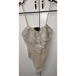Californian Stitch Bodysuit Women L Ivory Stretch Sheer Straps Sleeveless Floral